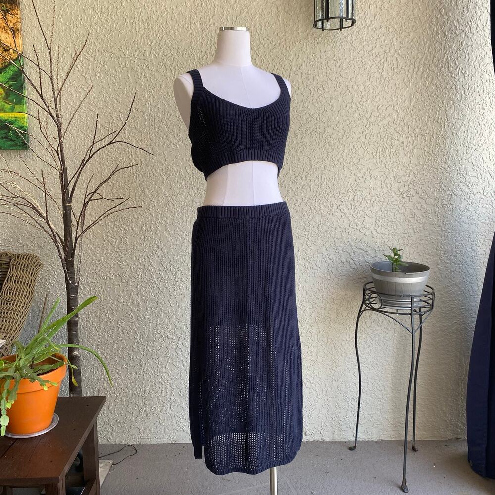 One Grey Day Knit Crochet Midi Skirt Tank Set Navy Small / Medium Beach Vacation - Picture 3 of 11